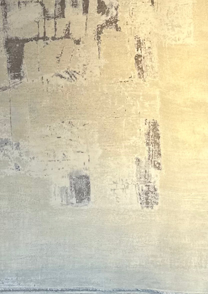 Abstract rug with dark grey and white brush strokes on a beige background