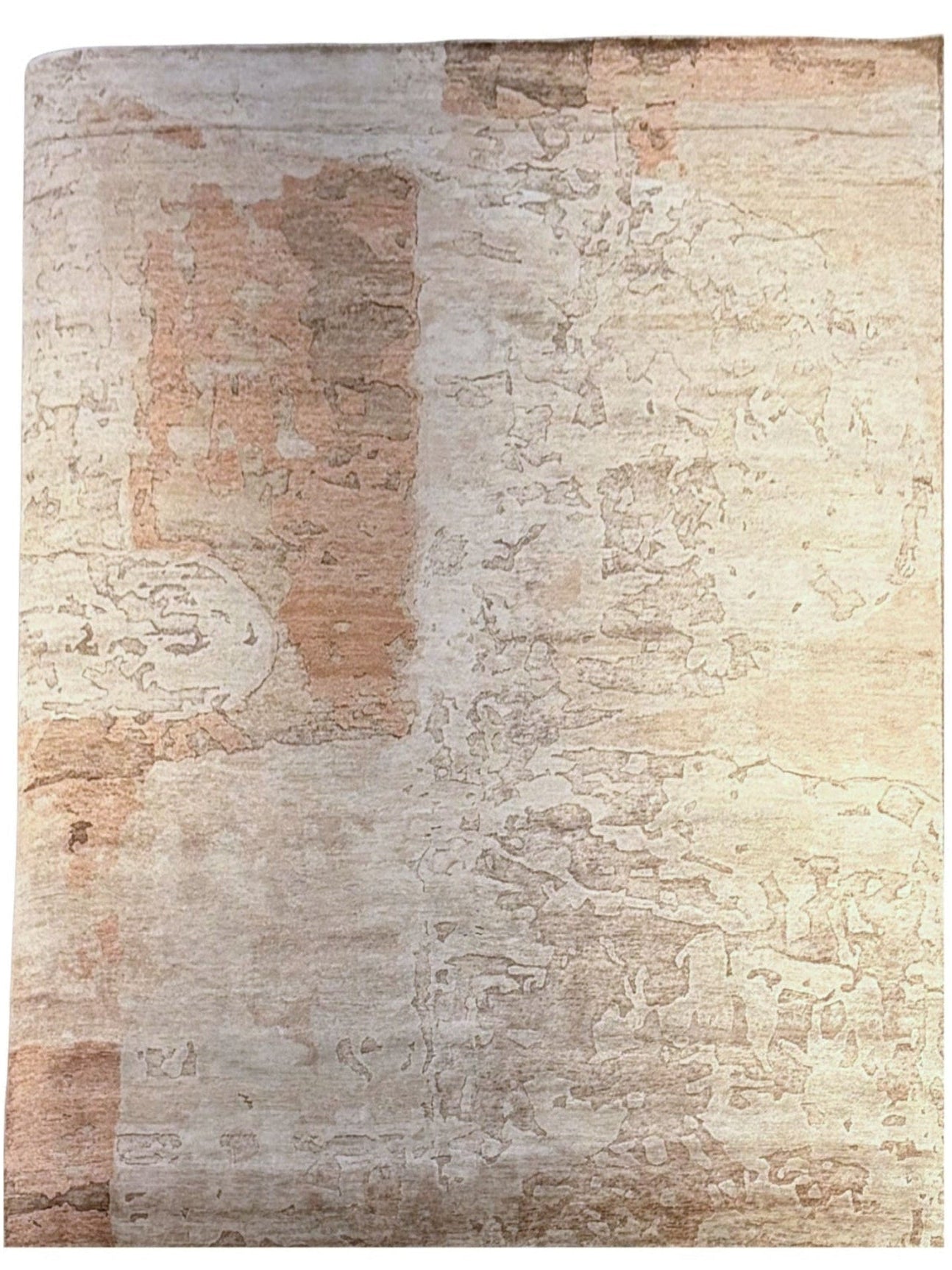An abstract textured art print or rug featuring a distressed, peeling plaster pattern in cream, beige, and light brown tones.